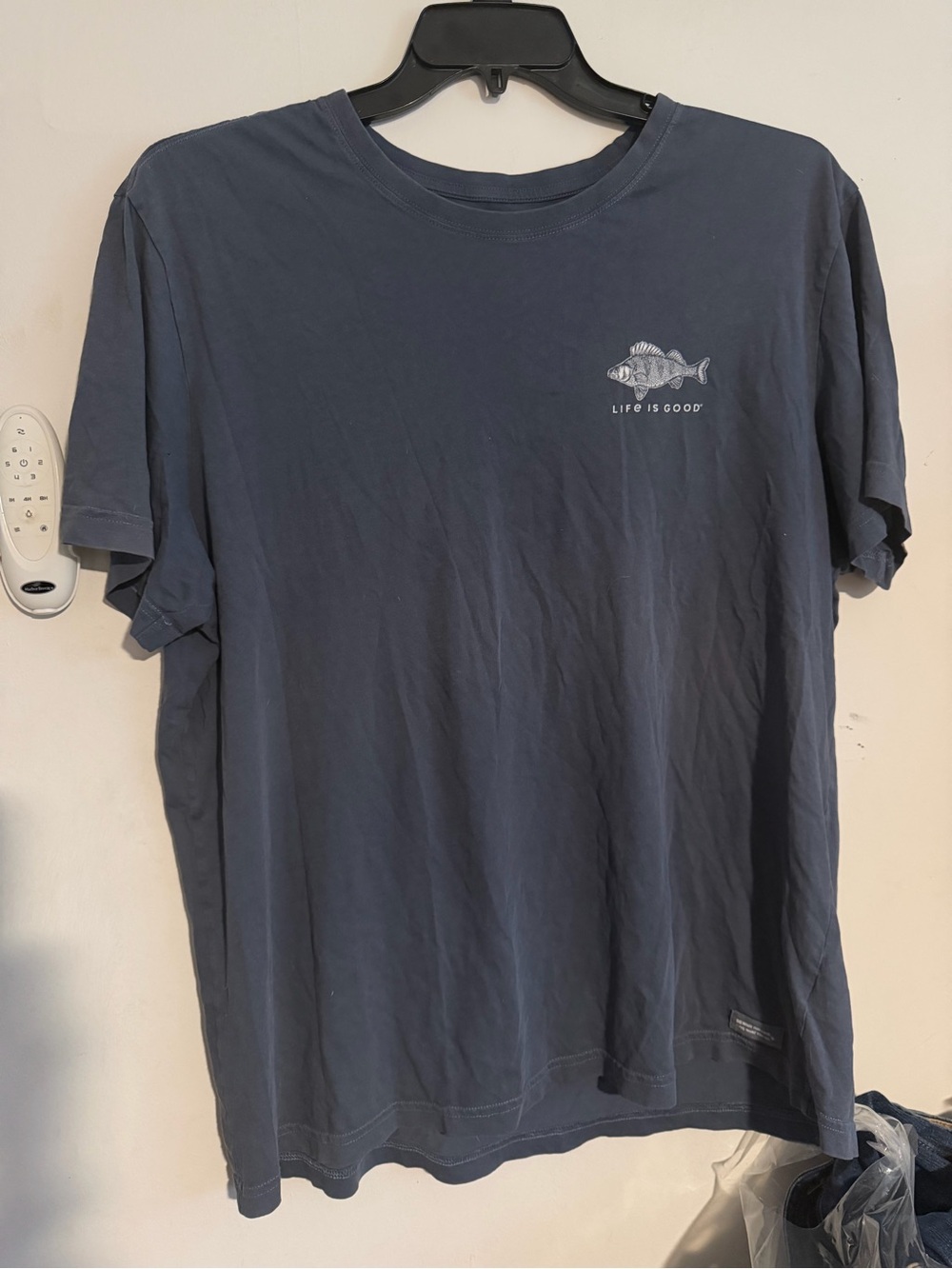 Life is Good Men's XL Crusher-Lite T-Shirt - Slate Blue Perch Fish Graphic Tee